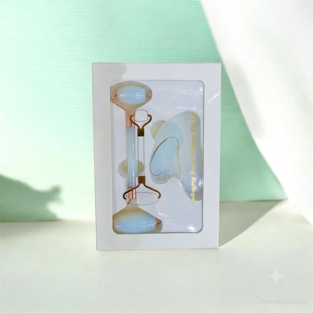 Opalite Face Massage Roller & Gua Sha Set Handmade - 2